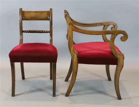 A set of nine Regency mahogany dining chairs, including two carvers, carvers W.1ft 10in. H.2ft 9in.